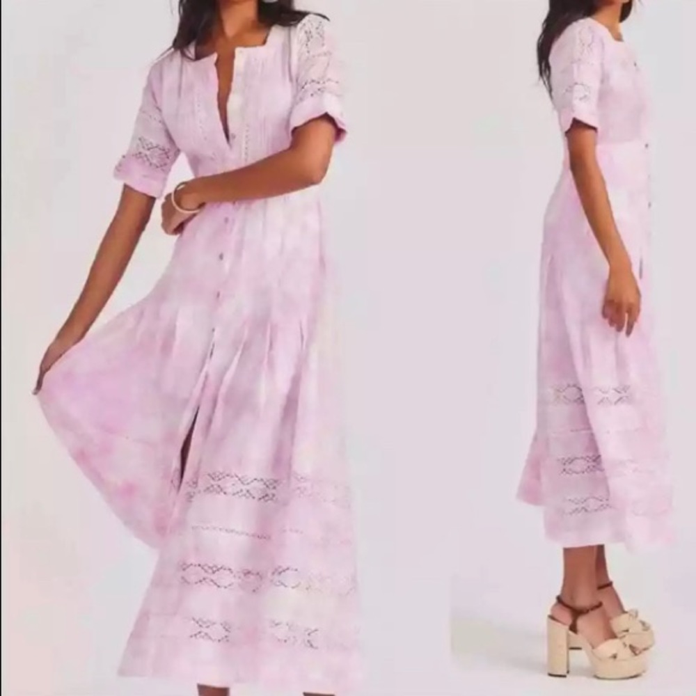 LoveShackFancy Edie Midi Dress Peony Pink in cotton crochet lace features